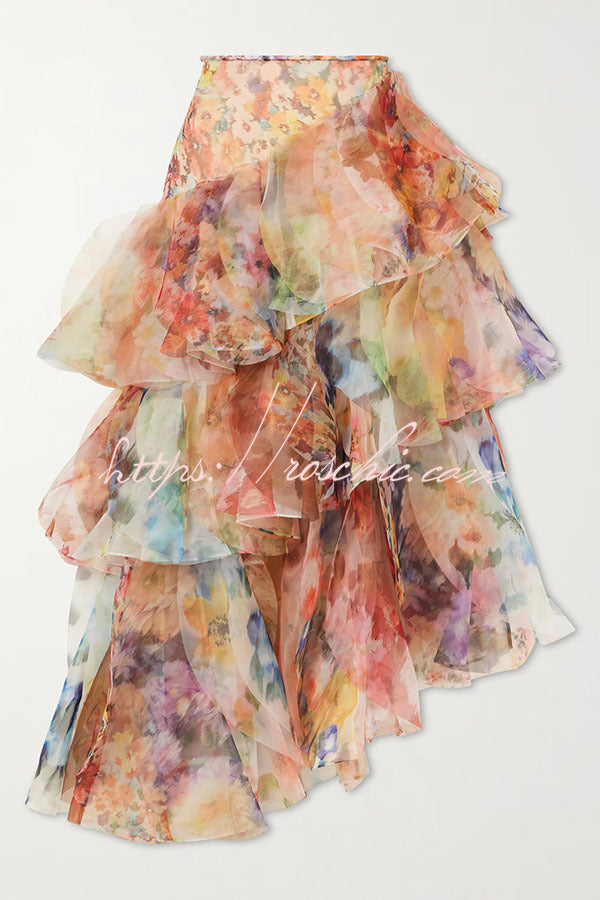 Luna Tulle Watercolor Floral Print Layered Fan-shaped Ruffle Design Maxi Skirt