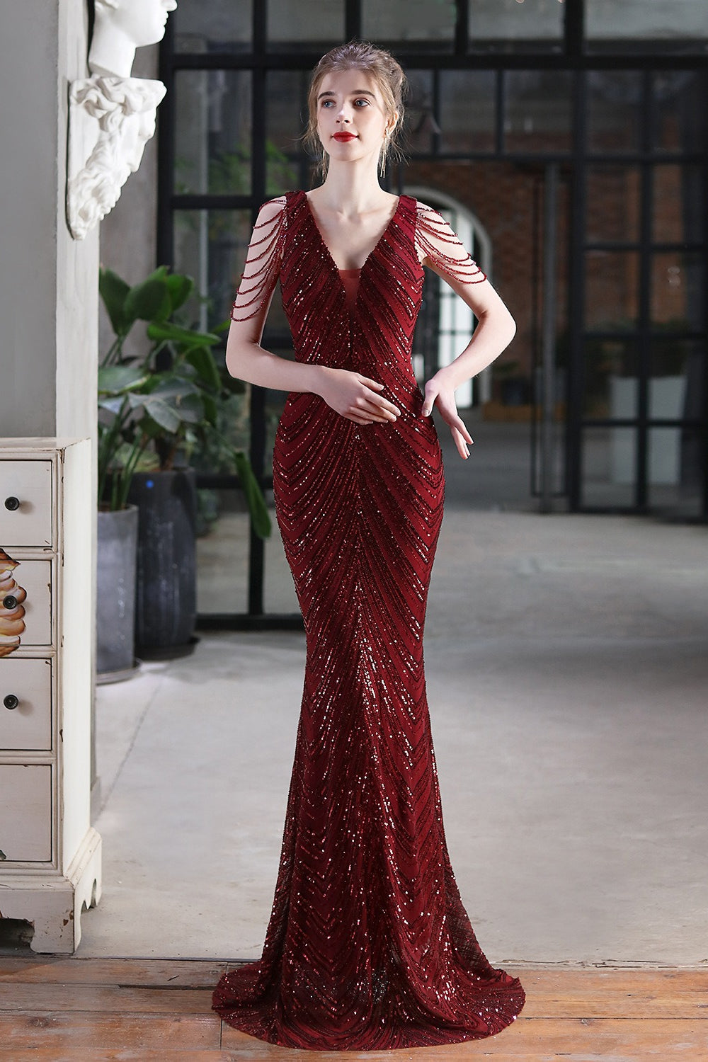 Elegante vestido de fiesta de sirena con lentejuelas