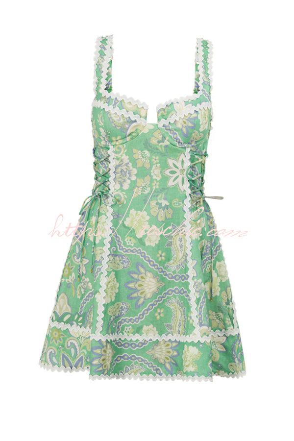 Unique Printed Serrated Trim Suspender Side Tie Vacation Mini Dress
