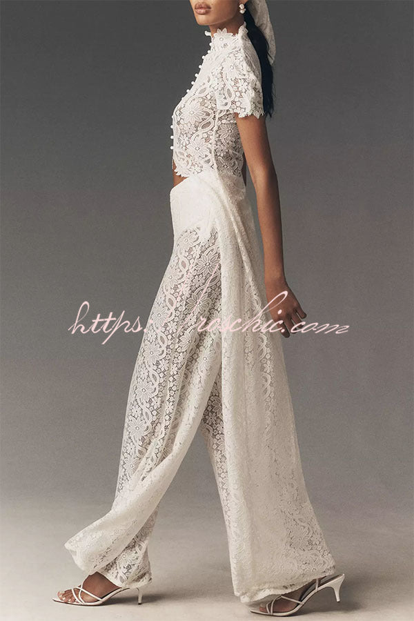 Elegance Avant-garde Floral Lace Short Sleeve High Low Top and High Rise Wide Leg Pants Set