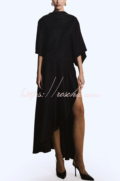 Modern and Elegant Satin Half Wide Sleeve Wrap Style Pocket Slit Loose Maxi Dress