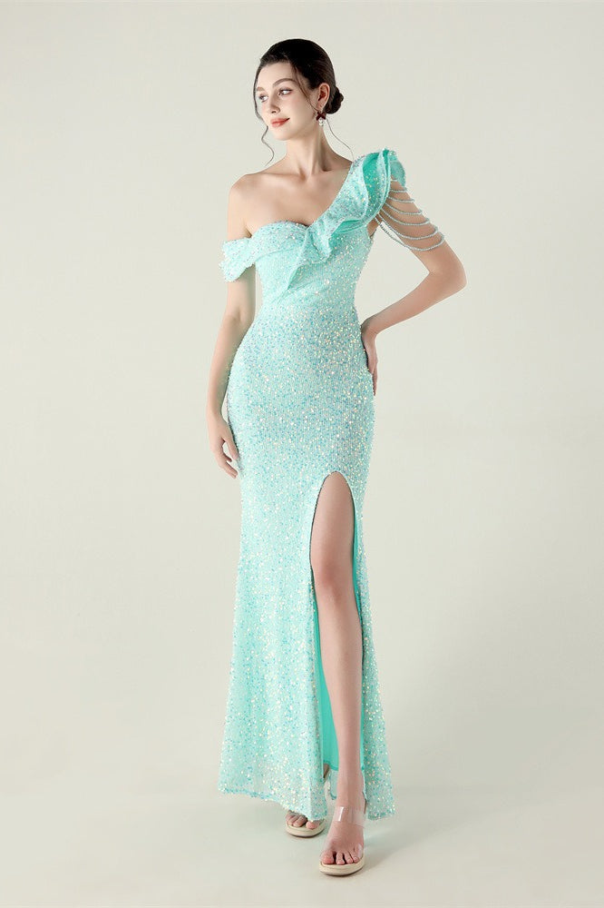 Vestido de fiesta formal con volante y un solo hombro drapeado