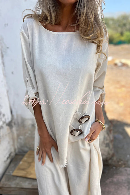 Jamilah Linen Blend Ring Detail Midi Blouse  and Elastic Waist Pocketed Loose Pants Set