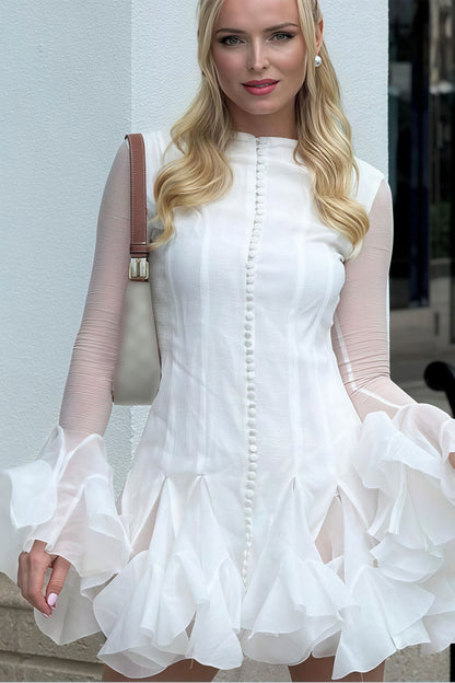 Minivestido Elegante con Volantes, Mangas Largas Abullonadas y Botones