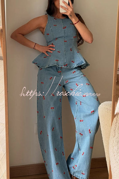 Sweet Casual Denim Cherry Print Princess Seams Flare Vest Top