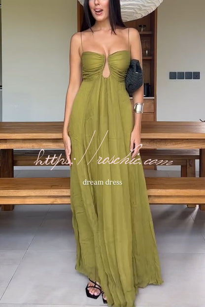 Soft and Elegant Metal Hollow Design Back Smocked A-line Slip Maxi Dress