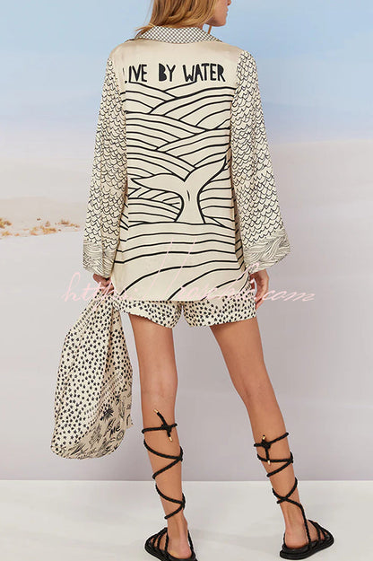 Live By Water Satin Unique Letter Print Tassle Shirt and Elastic Waist Shorts Set (Shipped Within 24 Hours)