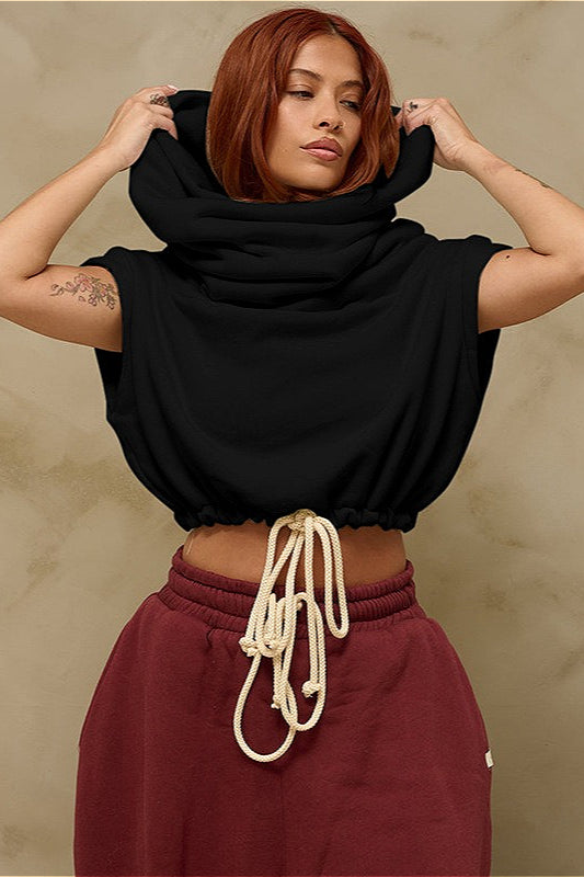 Sudadera corta con capucha, cuello ancho y casual, de color liso