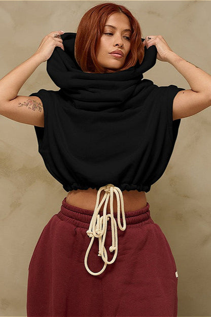 Sudadera corta con capucha, cuello ancho y casual, de color liso