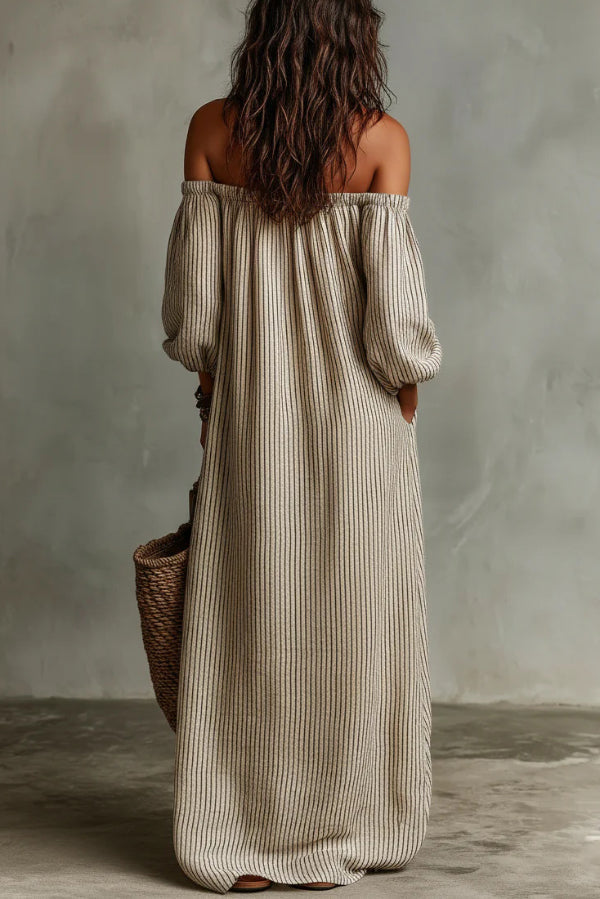 Linen Blend Striped Print Loose Off-shoulder Casual Maxi Dress