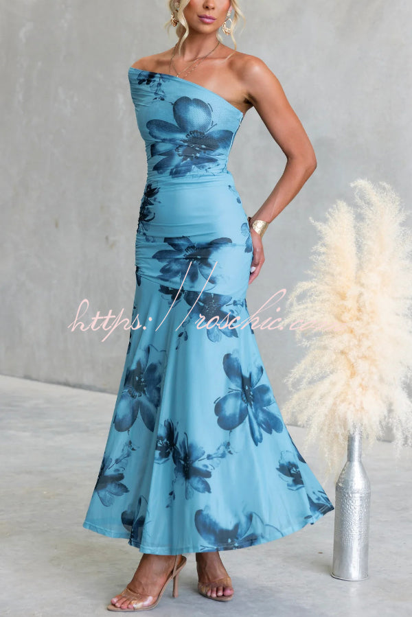 Floral Print Elegant Mesh Off-shoulder Fitted Maxi Dress