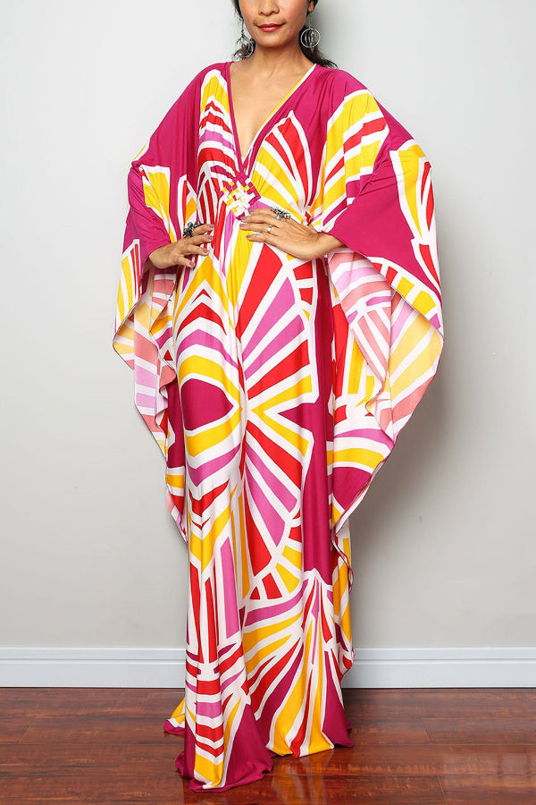 Unique Print Loose V-Neck Batwing Sleeve Casual Maxi Dress