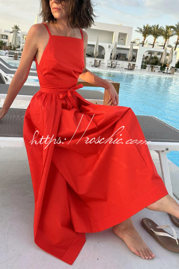 Solid Color Sleeveless Side Slit Tie-up Casual Vacation Pocket Maxi Dress