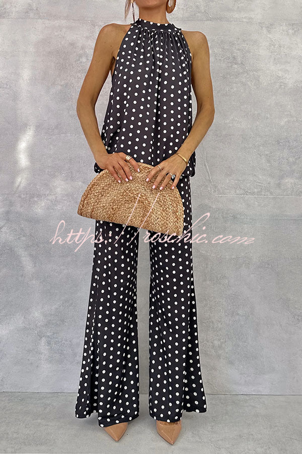 Imanie Polka Dot Print Back Tie-up Tank and Elastic Waist Wide Leg Pants Set