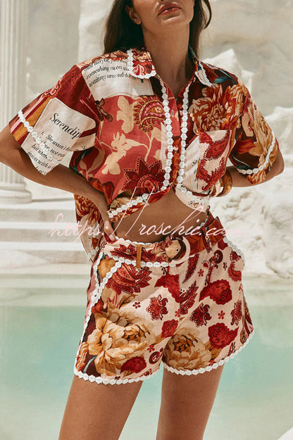 Unique Printed Collared Short-sleeved Loose-fitting Shirt and Casual Floral Trim Shorts Set