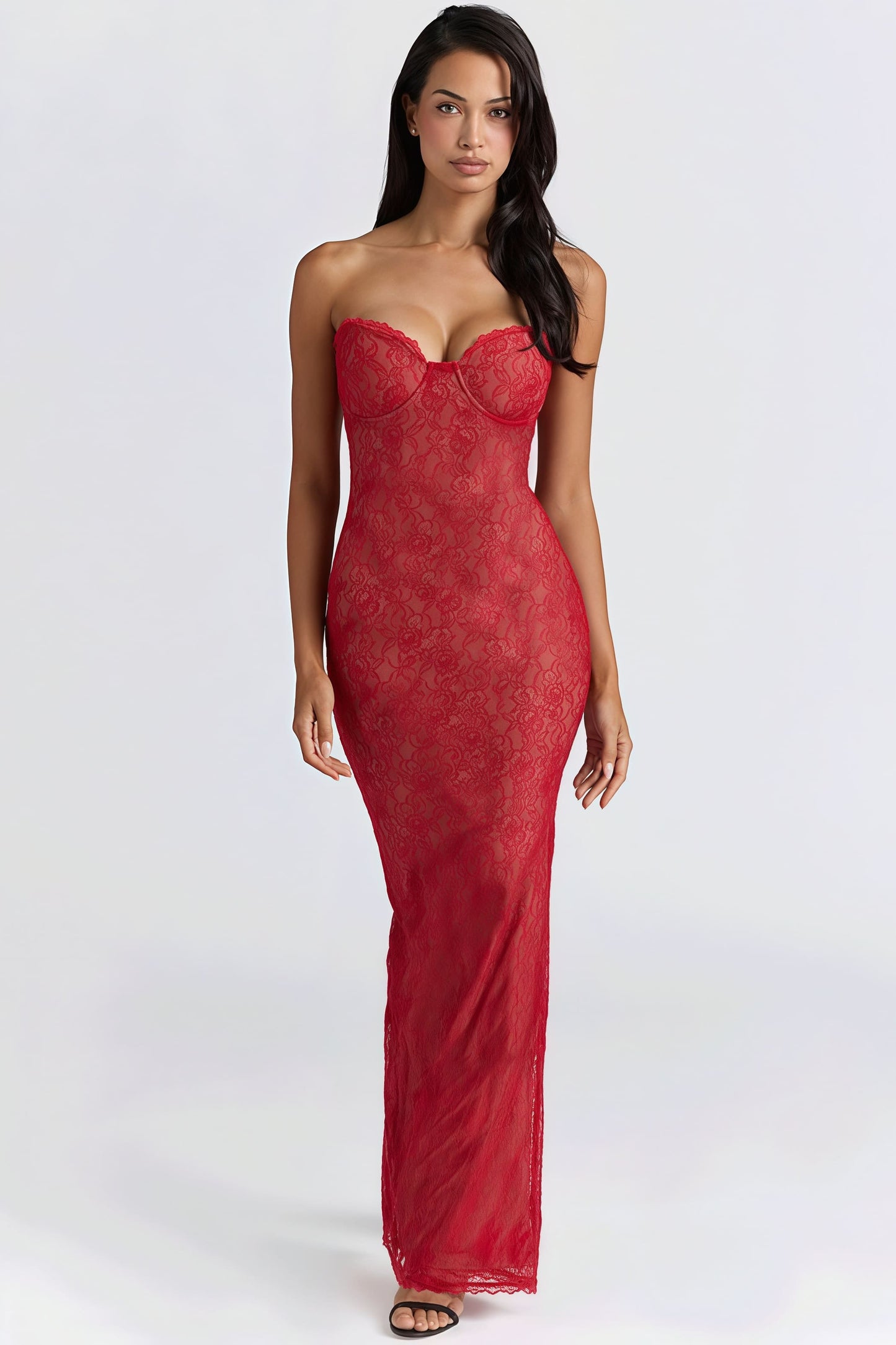 Vestido largo con hombros descubiertos, chal de encaje transparente sexy