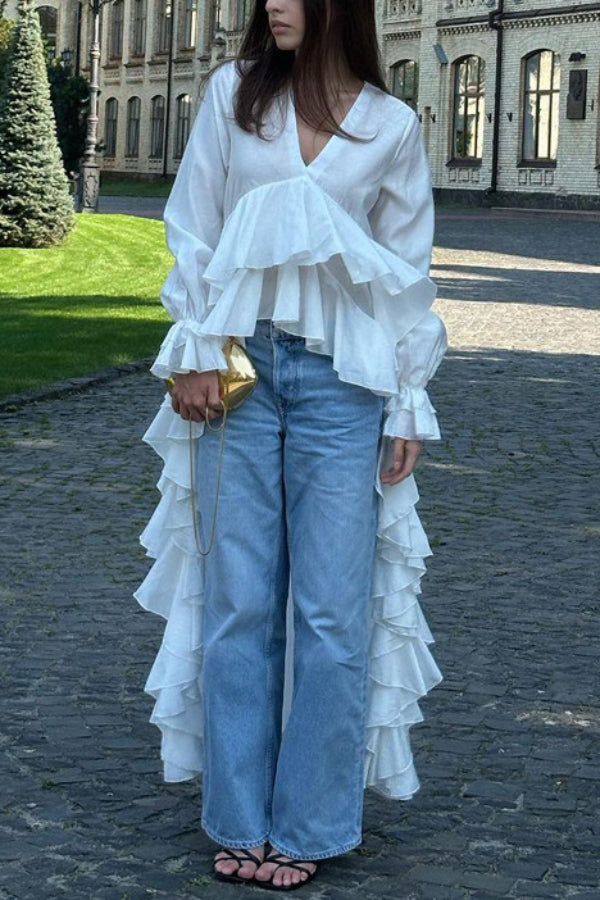 Solid Color V-neck Long-sleeved Ruffled Hem Long Shirt Top