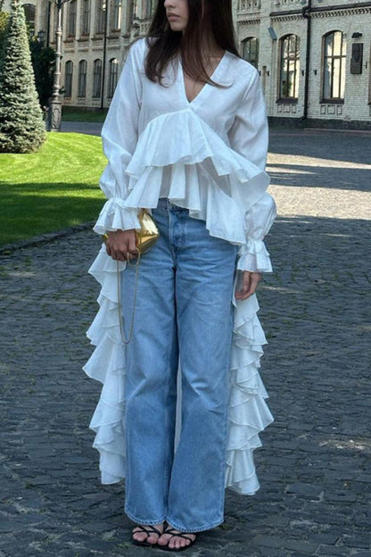 Solid Color V-neck Long-sleeved Ruffled Hem Long Shirt Top