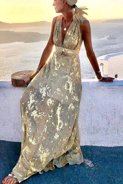 Golden Sunset Sequin Stories V-neck Maxi Dress