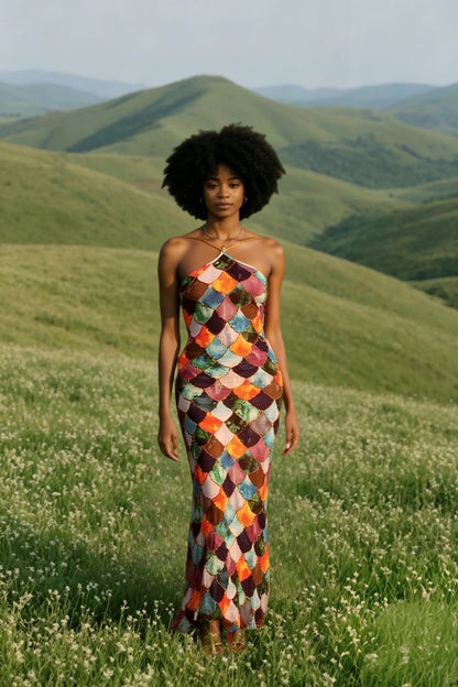 Plaid Halter Off Shoulder Maxi Dress