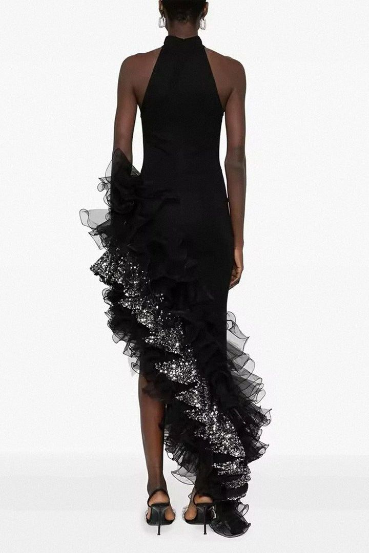 Vestido de Fiesta Asimétrico de Malla con Volantes Negro