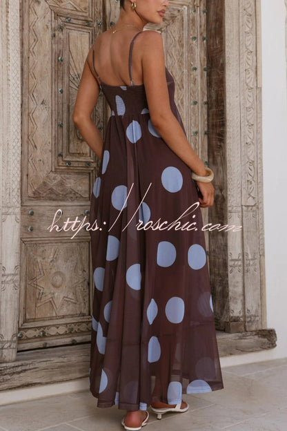 Polka Dot Print Mesh Spaghetti Strap Square Neck Vacation Maxi Dress