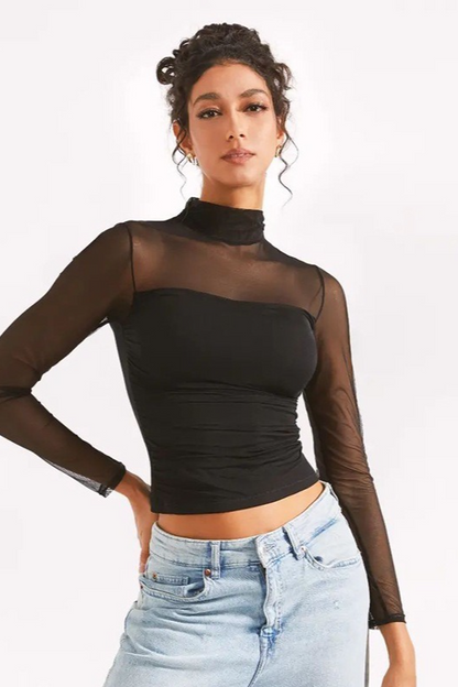 Solid Mock Neck Mesh Paneled  Crop Top