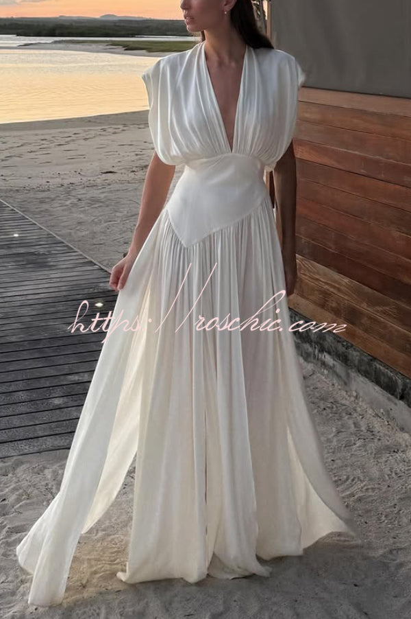 Elegant V-neck Sleeveless Fitted Waist High Slit Vacation Maxi Dress