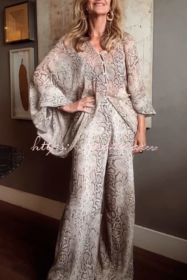Iselle Animal Print Button Up Batwing Sleeve Shirt and Elastic Waist Wide Leg Pants Set