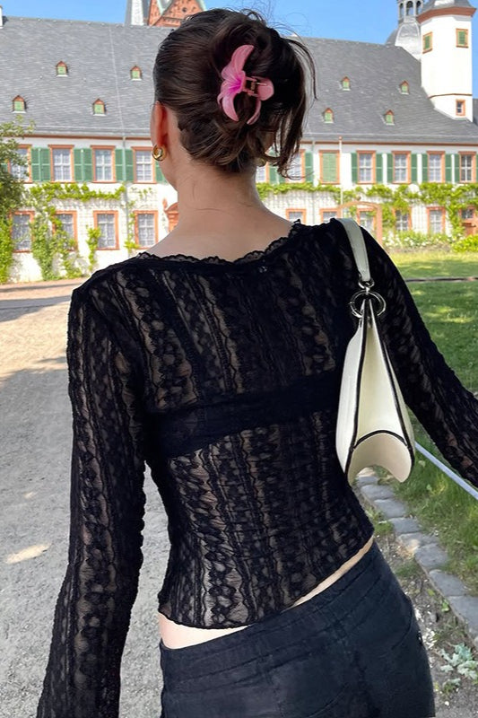 V-Neck Long Sleeve Lace Trim Crop Top