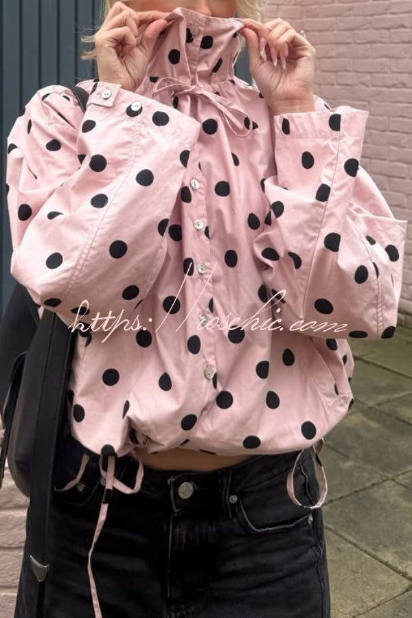Polka Dot Print Loose Stand Collar Button Bow Tie Casual Long-sleeved Jacket