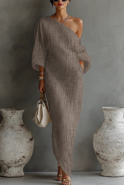 Linen Blend Loose-fitting One-shoulder Lantern Sleeve Casual Pocket Maxi Dress