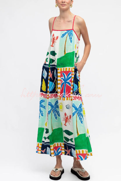 Summer-themed Printed Square Neck Sleeveless Pocket Loose Maxi Dress