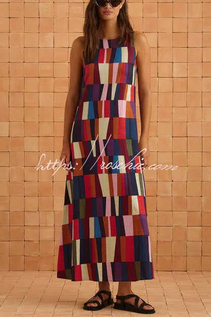 Retro Chic Linen Blend Colorful Color Block High Round Neck Sleeveless Maxi Dress