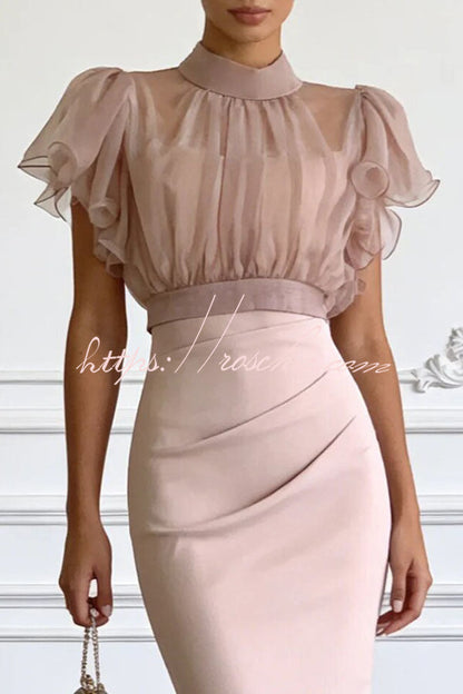 Sheer High-Neck Ruffle Sleeve Back Tie-up Top and Slip Ruched Midi Dress Two Pieces Set