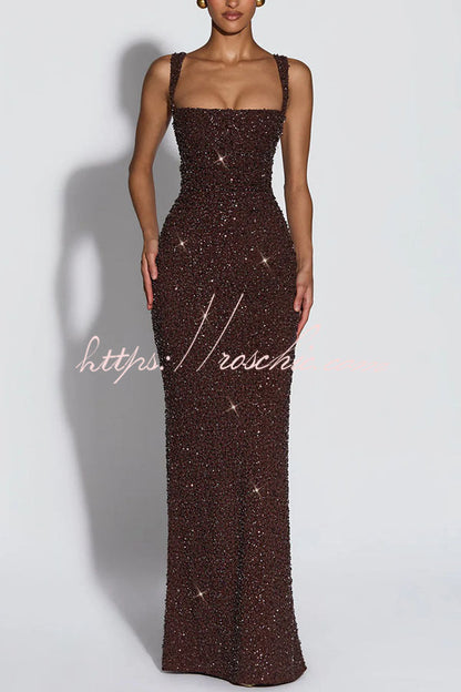 Calanthe Sequin Embellished Chiffon Ruched Square Neck Back Lace-up Maxi Dress