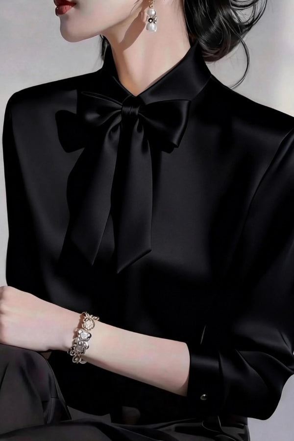 Solid Color Lapel Bow Tie Long-sleeved Casual Shirt