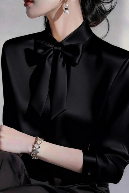 Solid Color Lapel Bow Tie Long-sleeved Casual Shirt