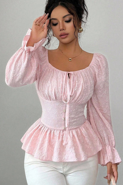 Blusa de diseñador de manga larga con cuello de pico