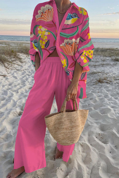 Plant Print Oversized Shirt and Elastic Waist Pocket Pants Set