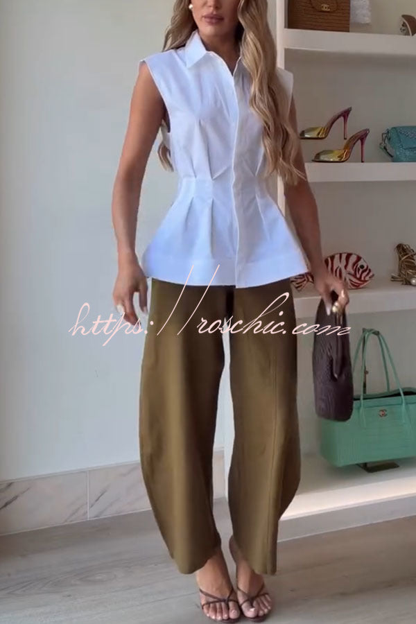 Devon Lapel Button Up Sleeveless Pleated Waist Flare Hem Shirt