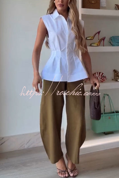 Devon Lapel Button Up Sleeveless Pleated Waist Flare Hem Shirt