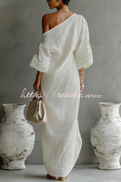 Linen Blend Loose-fitting One-shoulder Lantern Sleeve Casual Pocket Maxi Dress