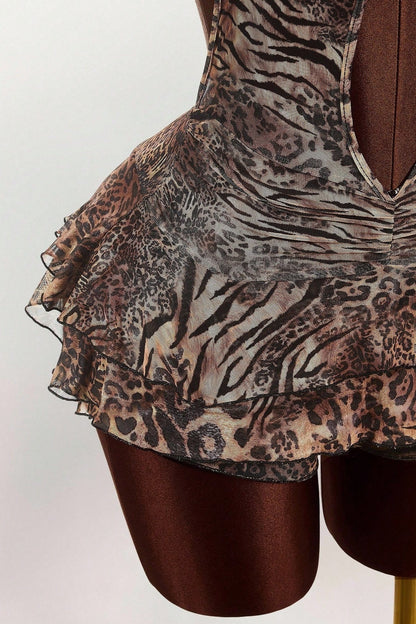 Minivestido sexy con estampado de leopardo, cuello halter y volantes escalonados