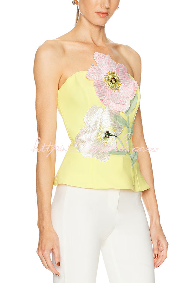 Create Beauty Flower Appliques Off Shoulder Tailored Waist Tank Top