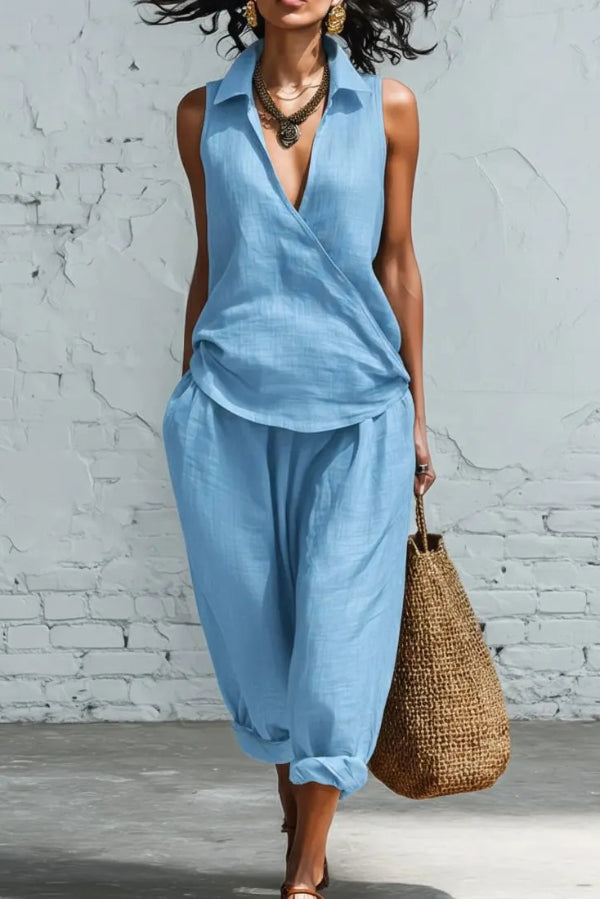 Linen Blend Collared Sleeveless Loose-fitting Top and Elastic Waist Pocket Casual Pants Set