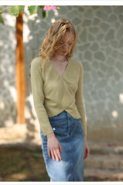Wrap Tie Front V-Neck Knit Top