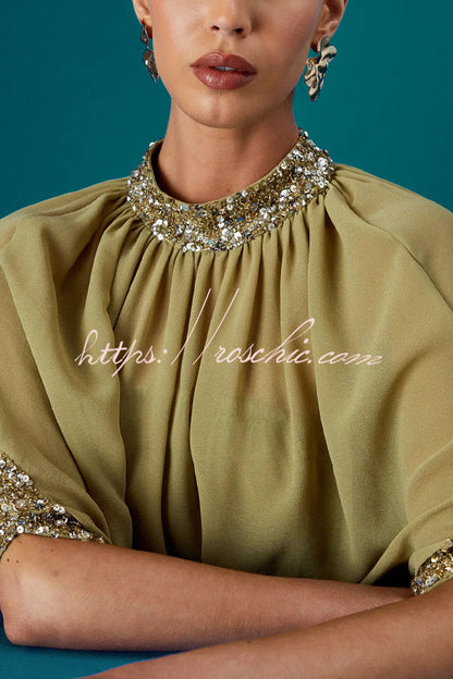 My Dearest Chiffon Sequin Trim High Neck Batwing Cutout Sleeve Cape Maxi Dress