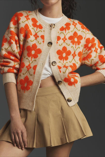 Jacquard Button-Up Knit Cardigan