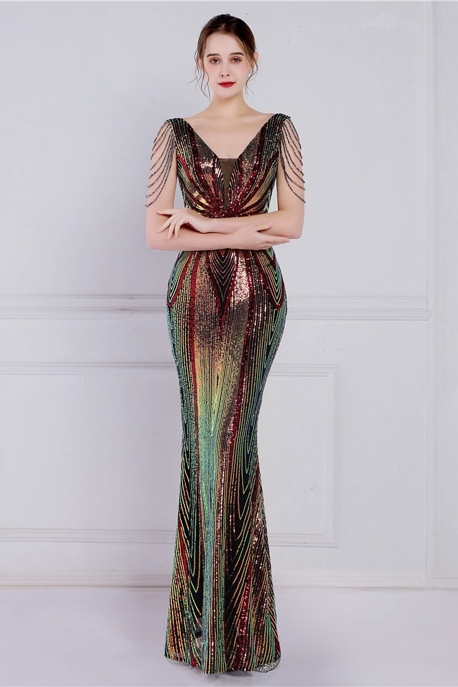 Vestido de fiesta de sirena con lentejuelas florales y pedrería